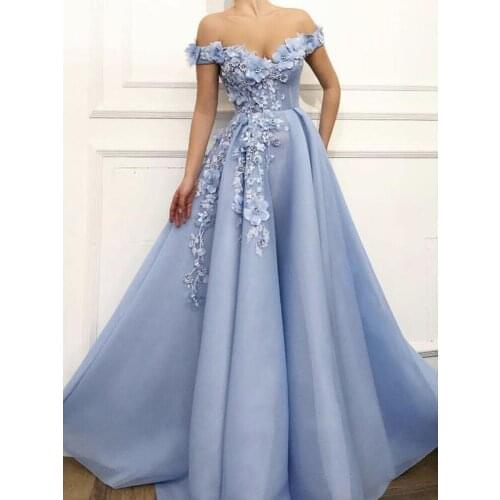 Blue prom dresses v neck off the shouler lace appliques hand made flowers pearls tulle lace evening dresses gowns vestidos