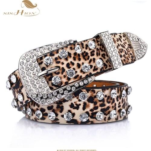 SISHION Fashion Rhinestone Leather Belts for Women pasek damski Luxury Pin buckle VD1218 Female Animal Print Leopard Belt