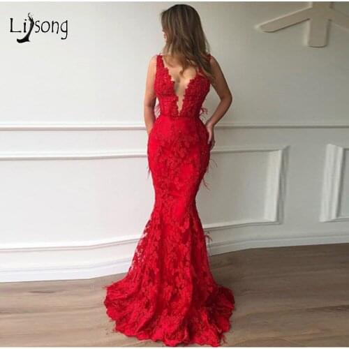 Modest Floral Lace Red Mermaid Prom Dresses Sexy Long Prom Gowns With Feather Formal Party Dresses 2019 Vestido Formatura