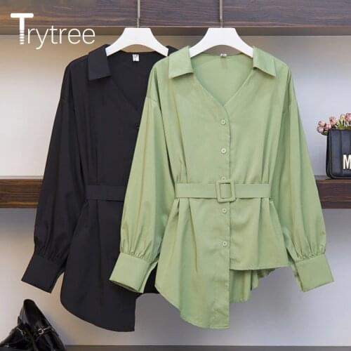 Trytree 2020 Autumn Women Casual Blouse Turn-down Collar Single Breasted Belt Solid Fashion Asymmetrical Hem Office Lady Blouse