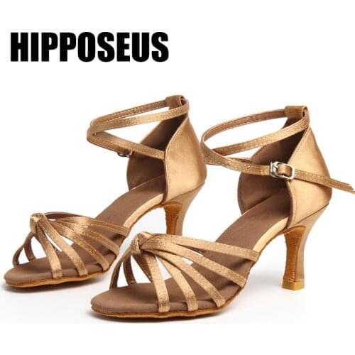 Hipposeus Dance Shoes for Woman Girls Ladies Ballroom Latin Modern Tango Dancing Shoes Satin Practice Salsa Sandals 5/7CM Heels