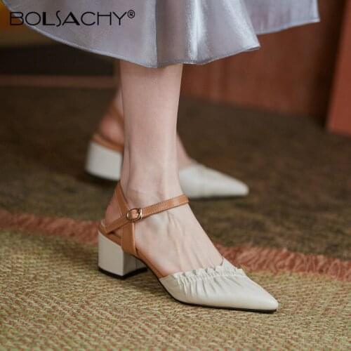 2021 New High heels Pumps Women Shoes Summer Ladies Fashion Pointed Toe Buckle Strap Square Heel Sandals Zapatos de Mujer beige