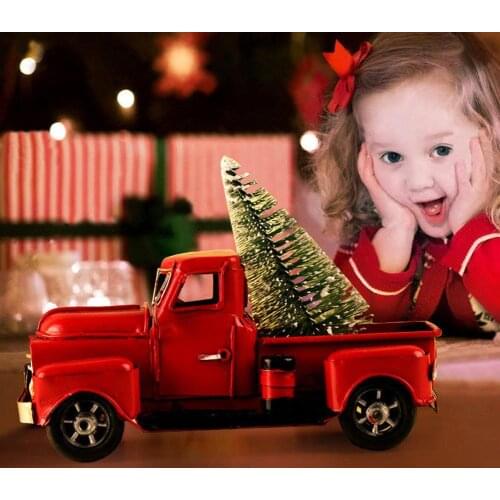 Vintage Metal Pickup Red Truck Christmas Decor Handcrafted Vehicle Model Kids Gift Car Toy Home Figurines Miniatures Decoration