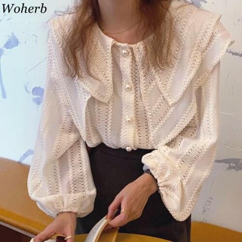 Woherb Sweet Blouse Women Korean Chic Tender Turn-down Collar Pearl Button Top Autumn Design Lantern Sleeve Loose Shirt