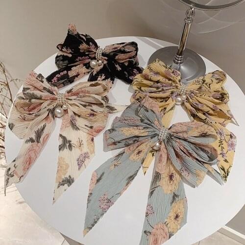 Pearls Ribbon Bow Floral Printing Hairpin Back Head Korean 2021 Fashion Hairpin Headdress Hair Accessories Top Clip Spring Clip