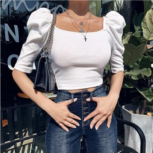Women Puff Sleeve Solid T-Shirt 2021 Summer Ladies Short Sleeve Casual Slim Basic Tee Shirts Vintage Tops Blusas de mujer