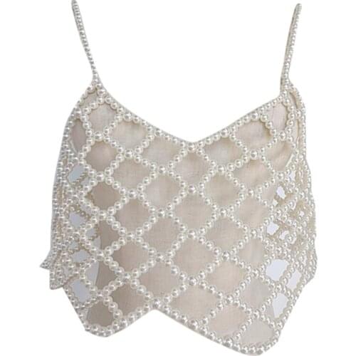 Women Faux Pearl Beaded Camisole Crop Top Sexy Hollow Out Mesh Net V-Neck Mini Tank Vest Body Jewelry Harness Clubwear