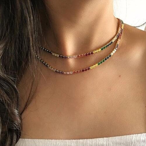 New Personality 2mm CZ Chocker Necklace Rainbow Tennis Chain Colorful CZ Women Collar Link Chain Chic Necklace Jewelry 35+10cm