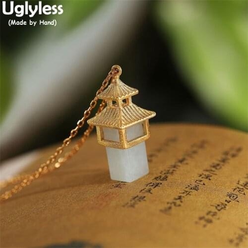 Uglyless 3D Temple Pavilion Pendants Necklaces for Women Creative Cuboid Emerald Necklaces + Chains 925 Silver Palace Jewelry