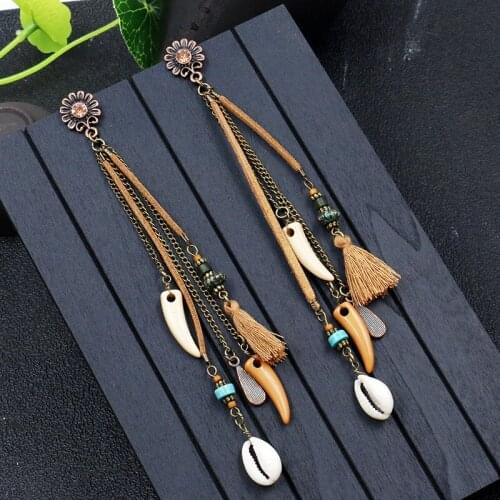 ZHIMO Handmade Bohemian Long Tassel White Blue Brown Rope Chain Pendant Earrings Female Shell Sun Flower Rope for Women Jewelry
