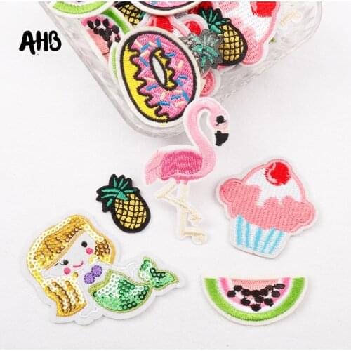 AHB Iron-On Patches Embroidered Summer Flamingo Reversible Mermaid Sequins Patches Clothing Stickers DIY Applique Patches 10PCS