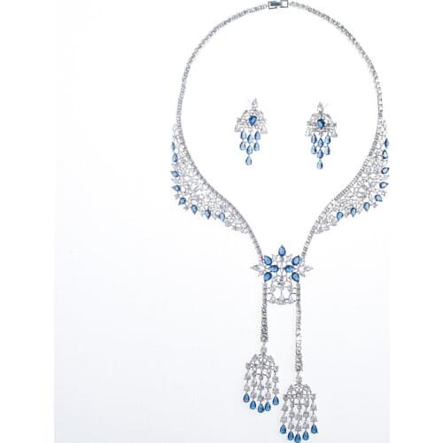 2020 new fashion luxury blue red CZ zircon necklace earring set,wedding bridel dinner banquet dress jewelry