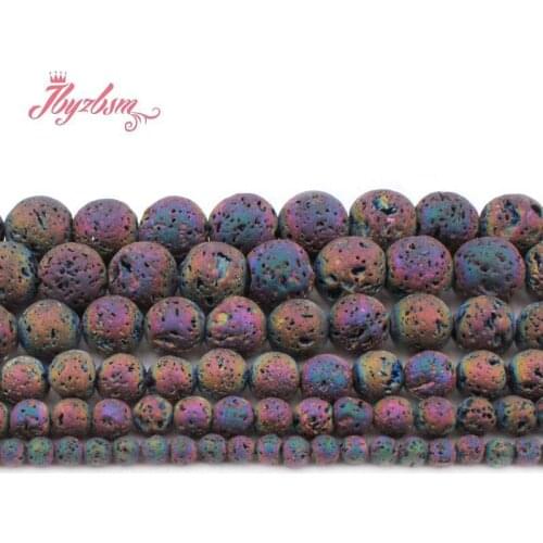6/8/10mm Natural Lava Rock Multicolor Metallic Coated Plated Round Stone Beads For DIY Jewelry Making Bracelet Strand 15"