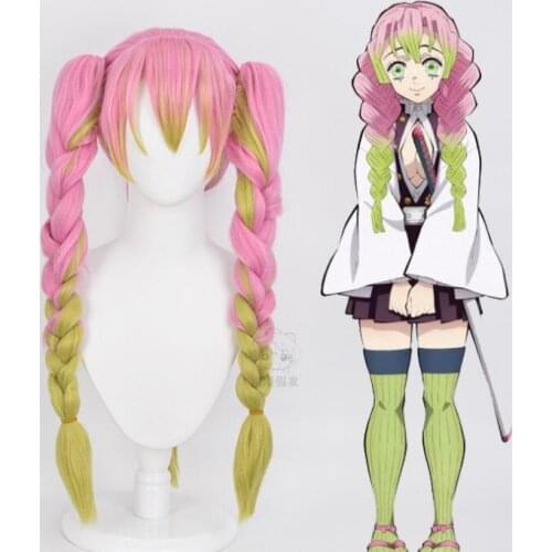 73cm Pink Long Braids Wig Demon Slayer Kimetsu no Yaiba Kanroji Mitsuri Cosplay Costume Heat Resistant Hair Halloween Party Wigs
