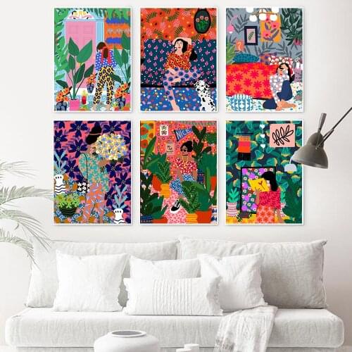 Abstract Flowers Girl Hair Wall Art Canvas Painting Bird Nordic Poster Art Prints Wall Pictures For Living Room Vintage Unframed