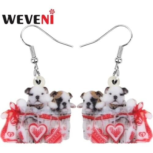 WEVENI Acrylic Valentines Day Love Double Bulldog Dog Earrings Animal Drop Dangle Jewelry For Women Girls Teen Charm Party Gift