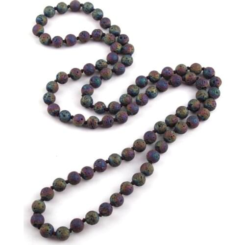 Free Shipping Bohemian Jewelry long knotted Natural Black Lava Stone Necklace For Women Statement Necklaces