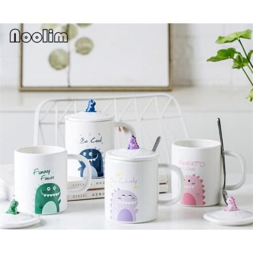 Large Capacity Ceramic Cute Coffee Milk Mug Cartoon Dinosaur Drinking Water Cup With Lid and Spoon Office Teacup Drinkware 380ML