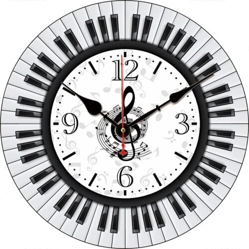Large Wall Clock Vintage Piano Keyboard Musical Notes Wooden Round Clock Black and White Wall Watch Music Studio Decor