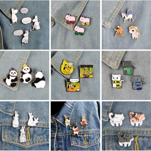 QIHE JEWELRY Animal set pins Hippopotamus Pig Panda Cat Dog Rabbit Brooches Badges Fun friends gifts Pins for backpacks
