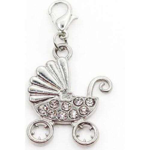 Hot Selling 10pcs/lot Baby Carriage Crystal Dangle Charms Lobster Clasp DIY Bracelet Necklace Pendants Jewelry Hanging Charms