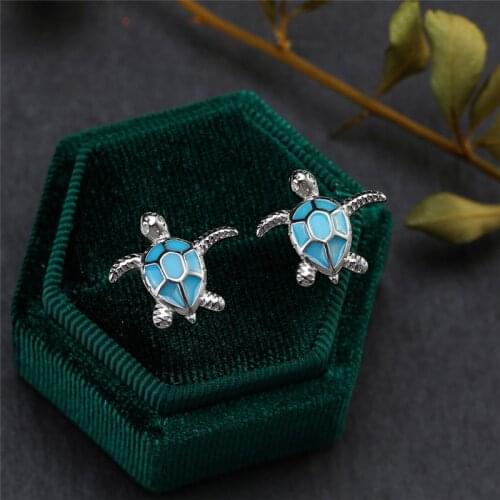 Dainty Female White Blue Opal Stone Earrings Cute Sea Turtle Small Stud Earrings Vintage Silver Color Wedding Earrings For Women