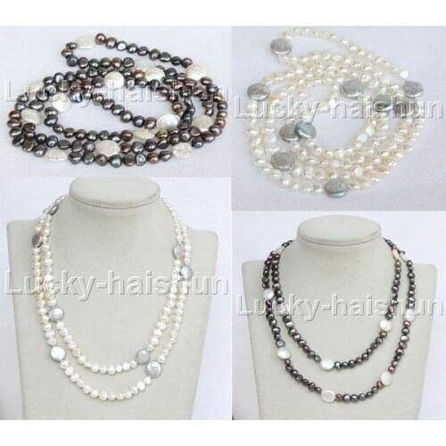 JQHS Long Baroque 35" 8mm coin gray white Black freshwater pearls Beaded Strand necklace j11743-4