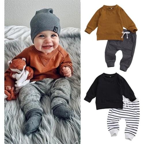 2Pcs Infant Baby Boys Clothes Set Long Sleeve Solid Hoodie Tops Pocket Striped Pants Spring Autumn Casual Outfits