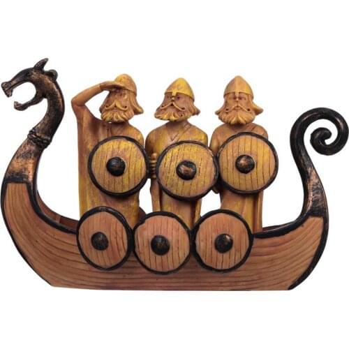 Creative Painted Resin Viking Soldier Shield Boat Ornament Retro Dragon Boat Home Furnishing Decoration