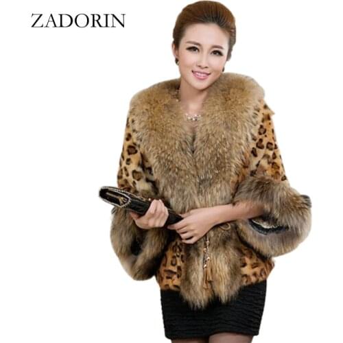 Fashion Sexy Winter Women Faux Fur Leopard Coat With Raccoon Dog Collar Faux Fur Poncho gilet chalecos de pelo mujer S-3XL