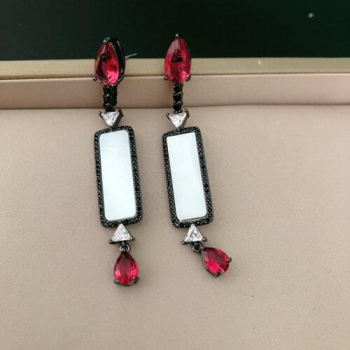 Trendy red cz and white shell long drop earring for women