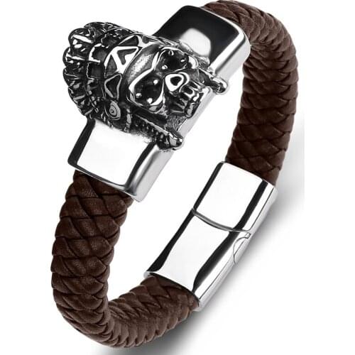 Fashion Stainless Steel Indian Skull Bracelets Men Multi Color Leather Wristband Punk Skeleton Jewelry Male Bangles Gifts P126