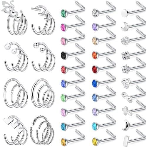 ZS 54pcs/lot Zircon Nose Piercing Set 6/8/10mm Circle 316L Stainless Steel Nose Ring 20g Nose Bone/L Shaped/Nose Screw Ring Sets