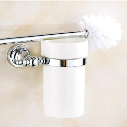 Wall Mounted Polished Chrome Brass Bathroom Toilet Brush Holder Set Bathroom Accessory Single Ceramic Cup mba906