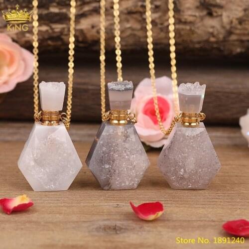 Natural Druzy Geode Agates Stone Essential Oil Perfume Bottle Pendant Gold Chains Necklace For Women Bohemia Friendship Jewelry
