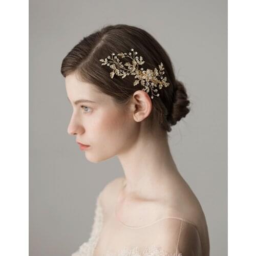 Romantic Sweetheart Bridal Headdress Golden Crystal Rhinestone Leaves Flower Hairnip for Wedding Perform Studio Travel O374