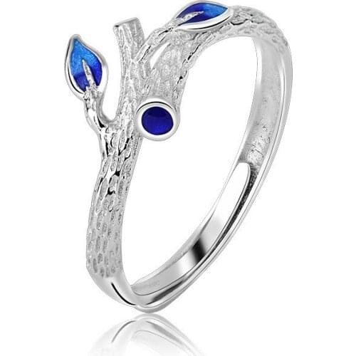 Folk-custom Burning Blue Cloisonne Three-dimensional Tree Branch Art Opening Adjustable Rings Fashion Creative Jewelry Gift