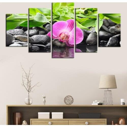 Poster 5 Panel Prints Modular Black and White Canvas Painting Butterfly Orchid Flower Zen Stone Wall Art Modern Home Decoration