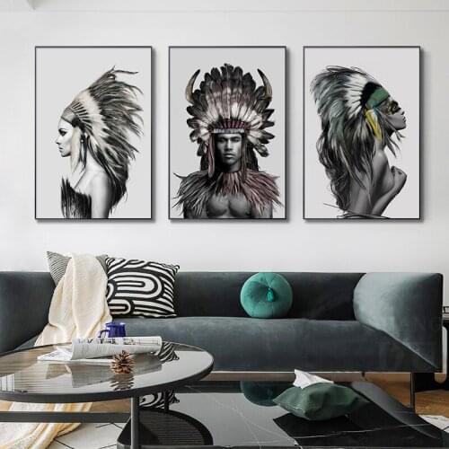 Modern Style Feather Woman Canvas Poster and Prints Indians Women/Men Painting Pictures Wall Art Decor for Living Room Home
