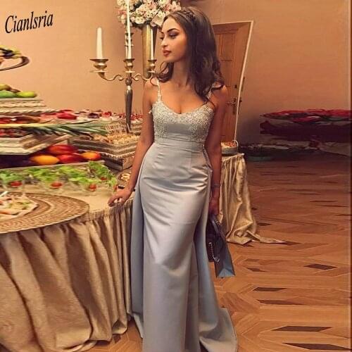 Sky Blue Spaghetti Straps Tiered Skirt Long Mermaid Prom Dresses Sweetheart Appliques Lace Beading Formal Evening Party Gowns