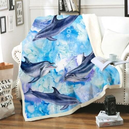 Cute Dolphin Pattern Sea Animal Print Couch/Sofa Throw Blanket Keep Warm Flannel Lamb wool Cover Bedroom Decoration Bedspread