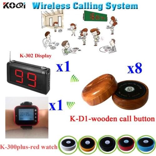 Restaurant Bell System Wireless Guest Pager For Monitoring Show All Calls By Watch Receiver(1 display+ 1 watch +8 call button)