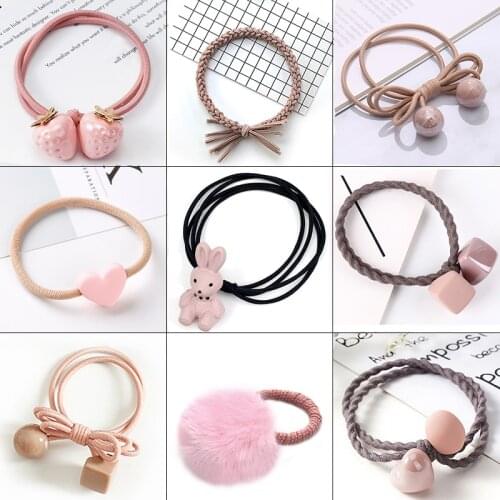 Pink Elastic Hair Bands Cute Rabbit Round Beads Heart Strawberry Rubber Band For Baby Girls Children Women Hair Accessories Gift