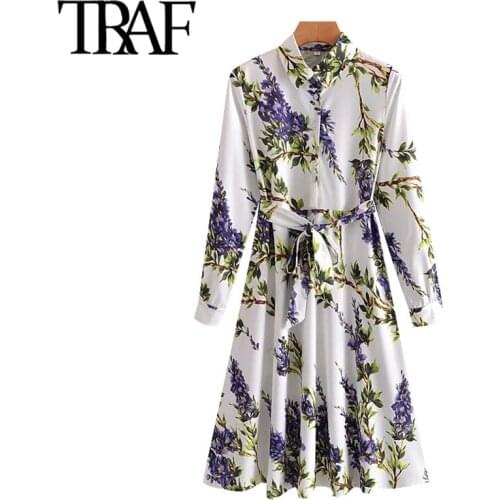 TRAF Women Chic Fashion With Belt Floral Print Midi Shirt Dress Vintage Long Sleeve Button-up Female Dresses Mujer
