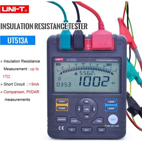 UNI-T UT513A Insulation Resistance Tester Analog Bar Graph AC/DC 500V~5000V DAR PI Tester Test Voltage Secondary Display Megger
