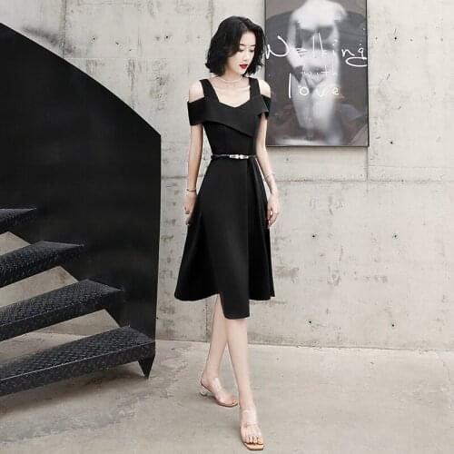 Special Occasion Dress Vintage V-Neck Short Luxury Black Off The Shoulder Sashes Crystal A-Line Knee-Length Women Prom Gown E989