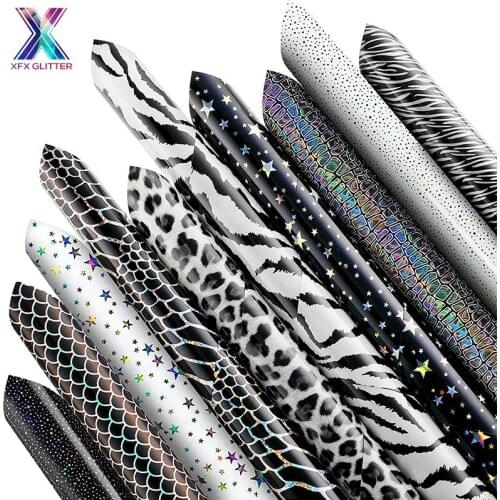 XFX HTV 10pcs 12x10in Black&white Holographic HTV Star Pattern Heat Transfer Vinyl Animal Iron on Heat Transfer Vinyl for Tshirt