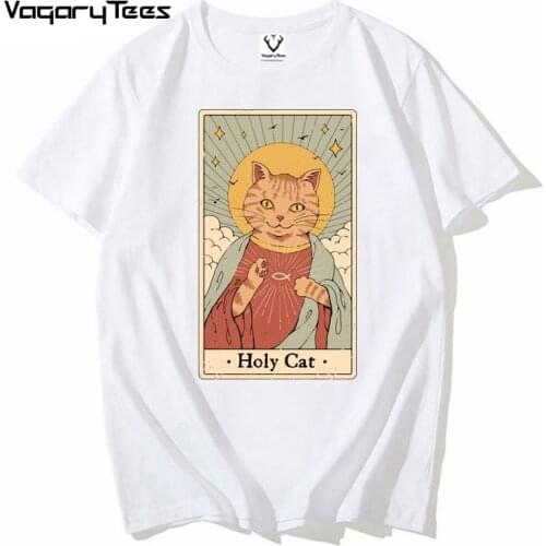 Funny T Shirts for Men Tops Tees 2021 Holy Cat Printed Funny Men/Women Tshirt Vintage Anime Shirt Clothes O-Neck streetwear tee