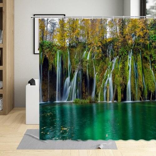 Waterfall Shower Curtain Autumn Scenery Green Forest Plant Mountain Rock Creek Bird Pattern Bathroom Polyester Cloth Curtain Set