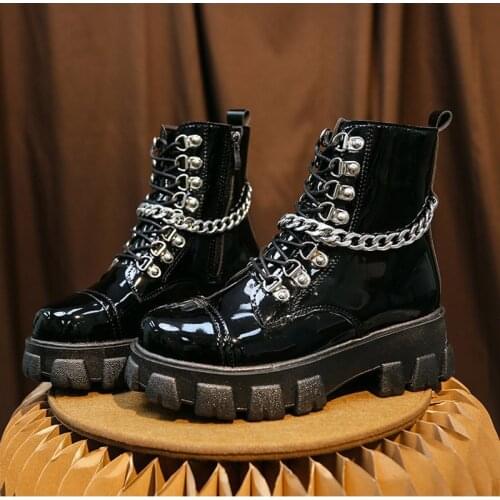 Punk Style Ankle Boots For Women Genuine Leather Sexy Chain Female Autumn Boots Block Heel Gothic Black Platform Shoes 2021 New